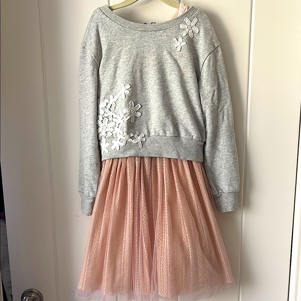 Pink Slip Dress with Floral Appliqué Sweatshirt